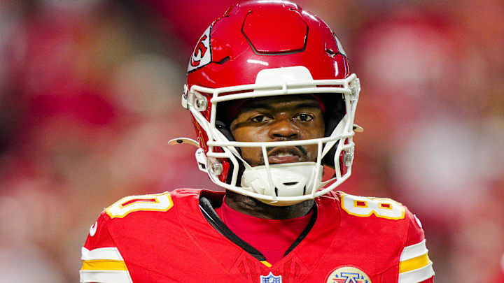 Oct 12, 2025; Kansas City, Missouri, USA; Kansas City Chiefs wide receiver Tyquan Thornton (80) warms up prior to a game against the Detroit Lions at GEHA Field at Arrowhead Stadium. Mandatory Credit: Jay Biggerstaff-Imagn Images