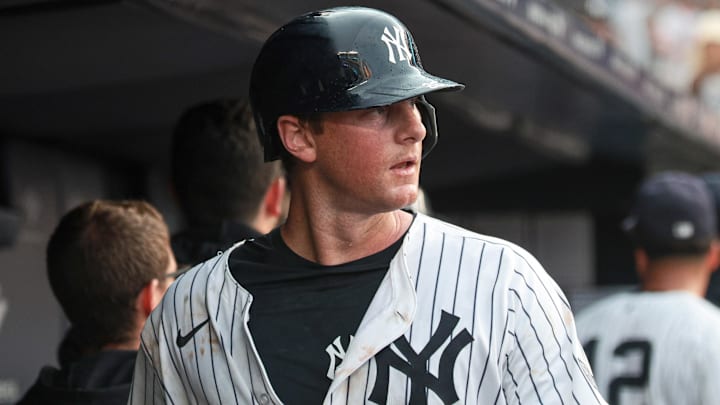 Aug 4, 2024; Bronx, New York, USA; New York Yankees third baseman DJ LeMahieu (26) looks back from the dugout after defeating the Toronto Blue Jays at Yankee Stadium