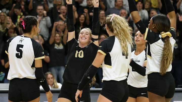 Purdue celebrates during the NCAA women’s volleyball match Purdue celebrates during the NCAA women’s volleyball match