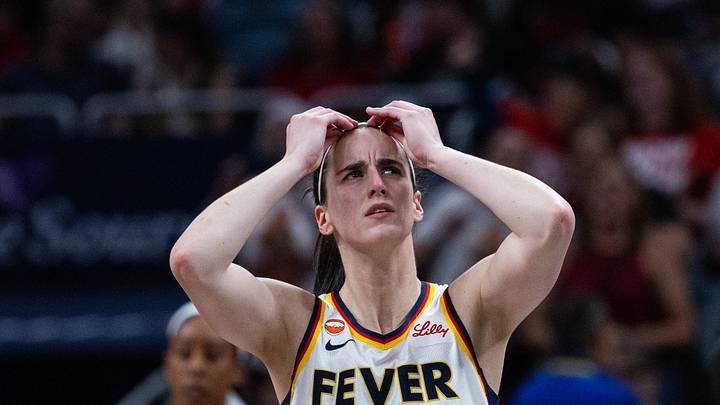 Jun 24, 2026; Indianapolis, Indiana, USA; Indiana Fever guard Caitlin Clark (22) reacts in the first half against the Phoenix Mercury at Gainbridge Fieldhouse. Mandatory Credit: Trevor Ruszkowski-Imagn Images