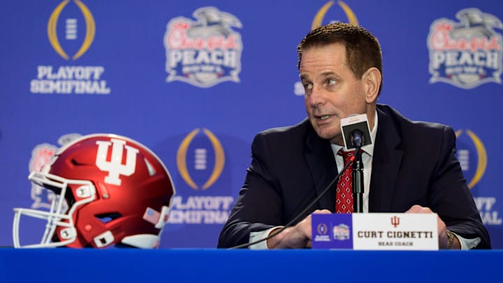 Indiana coach Curt Cignetti speaks Jan. 8, 2026, in a press conference before the Peach Bowl at the College Football Hall of Fame in Atlanta.
