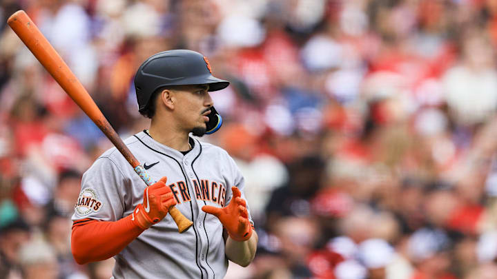 Mar 29, 2025; Cincinnati, Ohio, USA; San Francisco Giants shortstop Willy Adames (2) prepares on deck in the eighth inning against the Cincinnati Reds at Great American Ball Park.