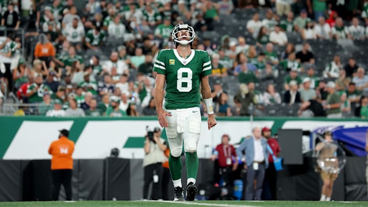 Sep 19, 2024; East Rutherford, New Jersey, USA; New York Jets quarterback Aaron Rodgers (8) reacts after an incomplete pass during the fourth quarter against the New England Patriots at MetLife Stadium.