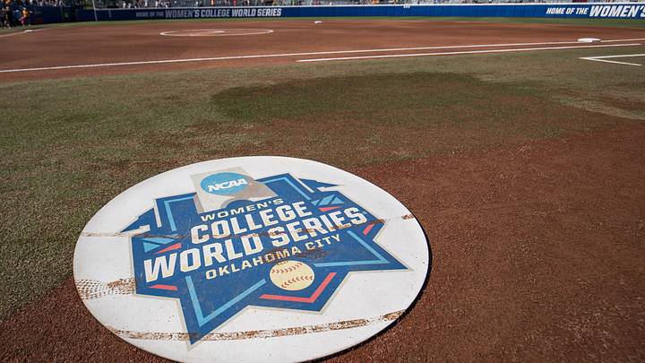 The on-deck circle features the WCWS logo during the NCAA Softball Women's College World Series at Devon Park. Mandatory Credit: Brett Rojo-Imagn Images The on-deck circle features the WCWS logo during the NCAA Softball Women's College World Series at Devon Park. Mandatory Credit: Brett Rojo-Imagn Images