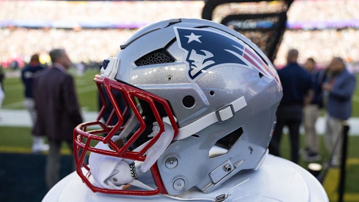 Feb 8, 2026; Santa Clara, CA, USA; Detailed view of a New England Patriots helmet during Super Bowl LX at Levi's Stadium. Mandatory Credit: Mark J. Rebilas-Imagn Images