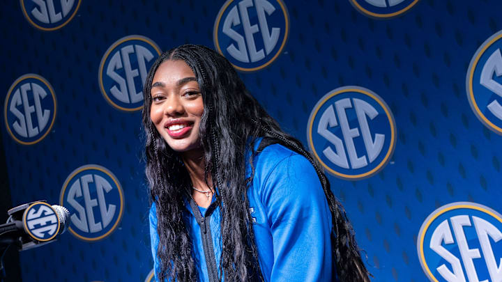 Oct 14, 2025; Birmingham, Alabama, USA; Kentucky player Teonni Key is interviewed at SEC Media Day in the Grand Bohemian Hotel.