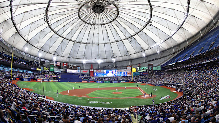 Mar 28, 2024; St. Petersburg, Florida, USA; A general view of Tropicana Field during the fifth inning on opening day between the Toronto Blue Jays and Tampa Bay Rays. Mandatory Credit: Kim Klement Neitzel-Imagn Images