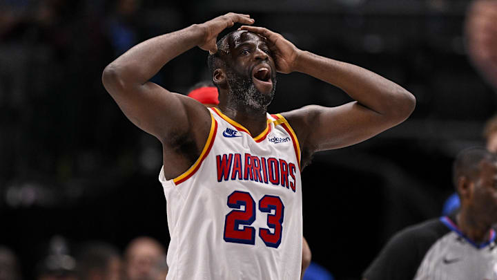 Feb 12, 2025; Dallas, Texas, USA; Golden State Warriors forward Draymond Green (23) during the game between the Dallas Mavericks and the Golden State Warriors at the American Airlines Center. Mandatory Credit: Jerome Miron-Imagn Images
