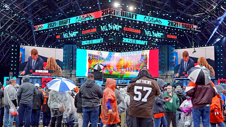 Apr 29, 2021; Cleveland, Ohio, USA; An overall view of the stage before the 2021 NFL Draft at First Energy Stadium. Mandatory Credit: Kirby Lee-Imagn Images