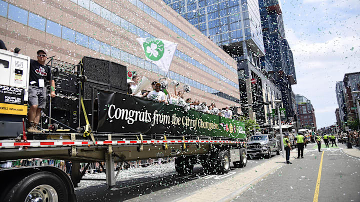 Jun 21, 2024; Boston, MA, USA; Confetti flies through the air during the Boston Celtics championship parade. Mandatory Credit: Bob DeChiara-USA TODAY Sports Jun 21, 2024; Boston, MA, USA; Confetti flies through the air during the Boston Celtics championship parade. Mandatory Credit: Bob DeChiara-USA TODAY Sports