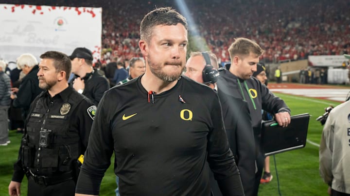 Oregon head coach Dan Lanning walks off the field as the Oregon Ducks face the Ohio State Buckeyes Wednesday, Jan. 1, 2025, in the quarterfinal of the College Football Playoff at the Rose Bowl in Pasadena, Calif. Oregon head coach Dan Lanning walks off the field as the Oregon Ducks face the Ohio State Buckeyes Wednesday, Jan. 1, 2025, in the quarterfinal of the College Football Playoff at the Rose Bowl in Pasadena, Calif.