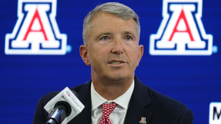Jul 9, 2025; Frisco, TX, USA; Arizona head coach Brent Brennan speaks with the media during 2025 Big 12 Football Media Days at The Star. Mandatory Credit: Raymond Carlin III-Imagn Images