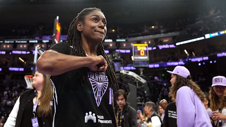Golden State Valkyries guard Tiffany Hayes (15) after defeating the Indiana Fever at Chase Center. 