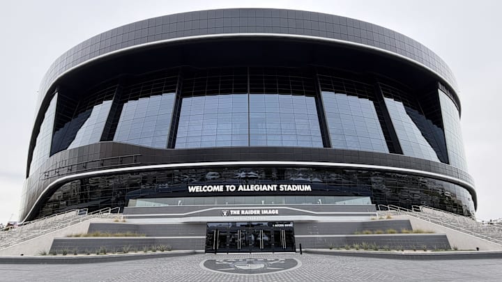Feb 10, 2026; Las Vegas, NV, USA; A general overall view of the Allegiant Stadium exterior. Mandatory Credit: Kirby Lee-Imagn Images