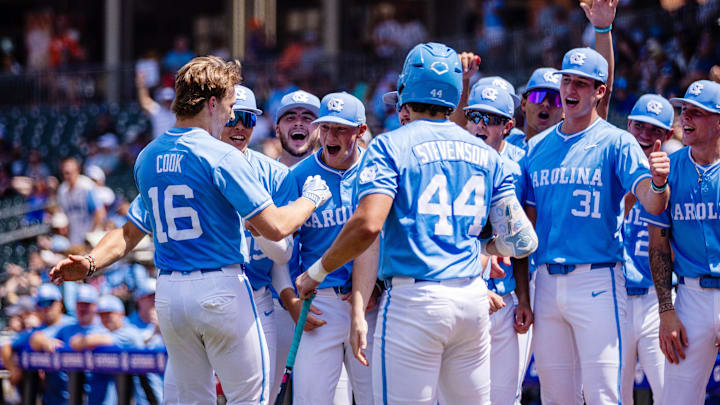 May 23, 2024; Charlotte, NC, USA; North Carolina Tar Heels outfielder Casey Cook (16) celebrates a solo home run during the first inning against the Pittsburgh Panthers during the ACC Baseball Tournament at Truist Field. Mandatory Credit: Scott Kinser-USA TODAY Sports