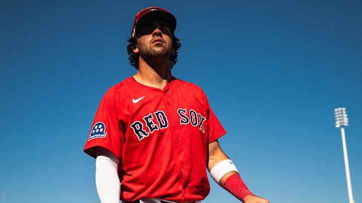 Red Sox prospect Marcelo Mayer gets ready for a spring training game in Fort Myers, Florida. Red Sox prospect Marcelo Mayer gets ready for a spring training game in Fort Myers, Florida.