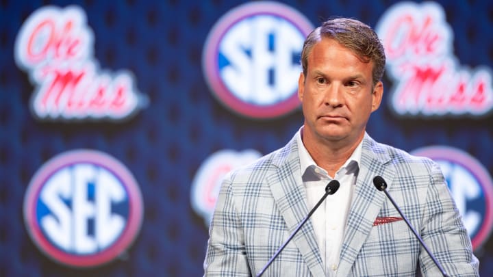 Jul 15, 2024; Dallas, TX, USA; Ole Miss head coach Lane Kiffin speaking at Omni Dallas Hotel. Mandatory Credit: Brett Patzke-USA TODAY Sports Jul 15, 2024; Dallas, TX, USA; Ole Miss head coach Lane Kiffin speaking at Omni Dallas Hotel. Mandatory Credit: Brett Patzke-USA TODAY Sports