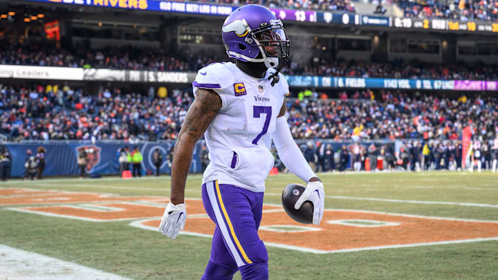 Jan 8, 2023; Chicago, Illinois, USA; Minnesota Vikings cornerback Patrick Peterson (7) celebrates his interception during the second quarter against the Chicago Bears at Soldier Field. Mandatory Credit: Daniel Bartel-Imagn Images Jan 8, 2023; Chicago, Illinois, USA; Minnesota Vikings cornerback Patrick Peterson (7) celebrates his interception during the second quarter against the Chicago Bears at Soldier Field. Mandatory Credit: Daniel Bartel-Imagn Images