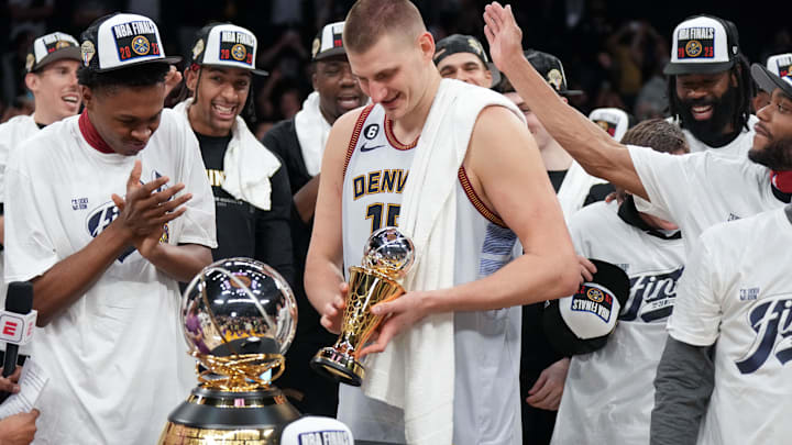 May 22, 2023; Los Angeles, California, USA; Denver Nuggets center Nikola Jokic (15) celebrates