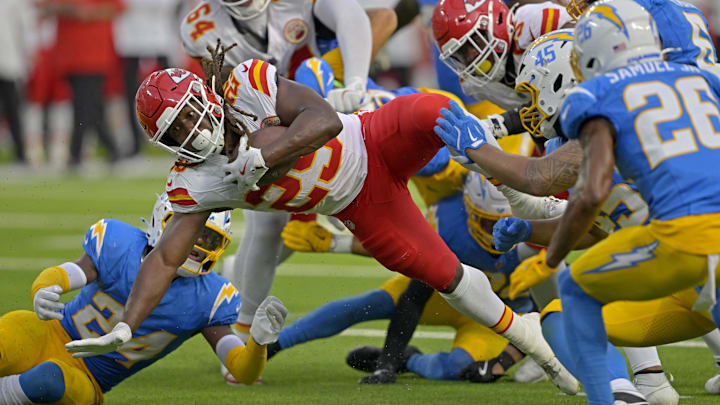 Sep 29, 2024; Inglewood, California, USA;  Kansas City Chiefs running back Kareem Hunt (29) carries the ball against the Los Angeles Chargers at SoFi Stadium. Mandatory Credit: Jayne Kamin-Oncea-Imagn Images