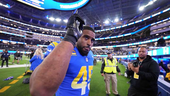 Dec 8, 2022; Inglewood, California, USA; Los Angeles Rams linebacker Bobby Wagner (45 celebrates after the game against the Las Vegas Raiders at SoFi Stadium. The Rams defeated the Raiders 17-16. Mandatory Credit: Kirby Lee-Imagn Images