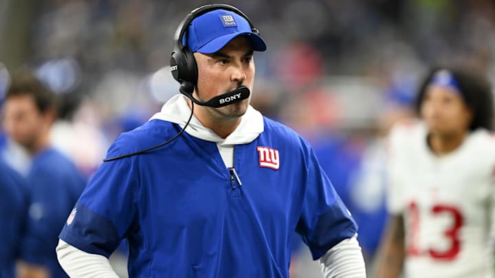 Nov 23, 2025; Detroit, Michigan, USA; New York Giants interim head coach Mike Kafka looks on during the third quarter against the Detroit Lions at  Ford Field. Mandatory Credit: Lon Horwedel-Imagn Images