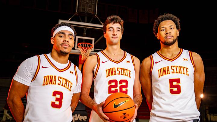 Iowa State Men's Basketball players Tamin Lipsey, Milan Momcilovic, and Joshua Jefferson stand for a photo during media day at Hilton Coliseum in Ames, Oct. 8, 2025.