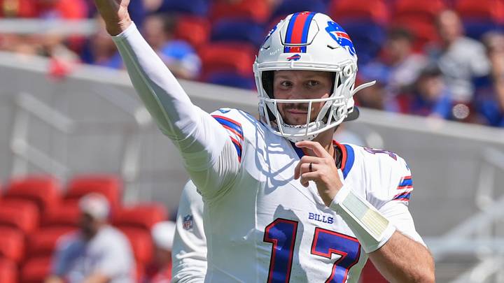Aug 15, 2026; Orchard Park, New York, USA; Buffalo Bills quarterback Josh Allen (17) warms up prior to the game between the Carolina Panthers and Buffalo Bills at New Highmark Stadium. Mandatory Credit: Gregory Fisher-Imagn Images