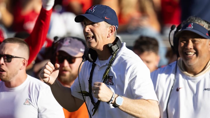 Nov 30, 2024; Tucson, Arizona, USA; Arizona Wildcats head coach Brent Brennan against the Arizona State Sun Devils during the Territorial Cup at Arizona Stadium. Mandatory Credit: Mark J. Rebilas-Imagn Images