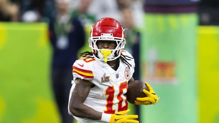 Feb 9, 2025; New Orleans, LA, USA;  Kansas City Chiefs running back Isiah Pacheco (10) against the Philadelphia Eagles in Super Bowl LIX at Ceasars Superdome. Mandatory Credit: Mark J. Rebilas-Imagn Images