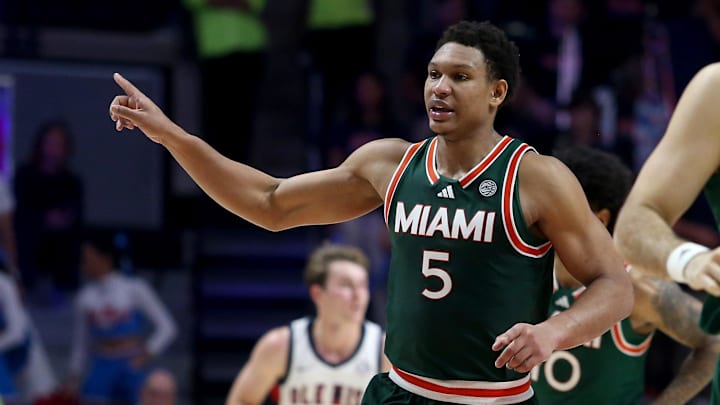 Dec 2, 2025; Oxford, Mississippi, USA; Miami Hurricanes forward Malik Reneau (5) reacts during the second half against the Mississippi Rebels at The Sandy and John Black Pavilion at Ole Miss. Mandatory Credit: Petre Thomas-Imagn Images