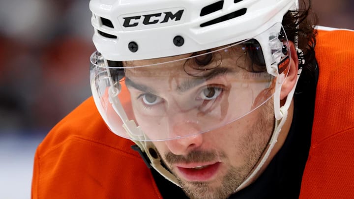 Apr 17, 2025; Buffalo, New York, USA;  Philadelphia Flyers left wing Noah Cates (27) waits for the face-off during the third period against the Buffalo Sabres at KeyBank Center. Mandatory Credit: Timothy T. Ludwig-Imagn Images