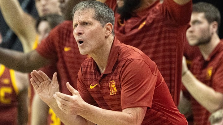 USC coach Eric Musselman cheers his team during the first half against Oregon at Matthew Knight Arena Saturday, March 1, 2025.