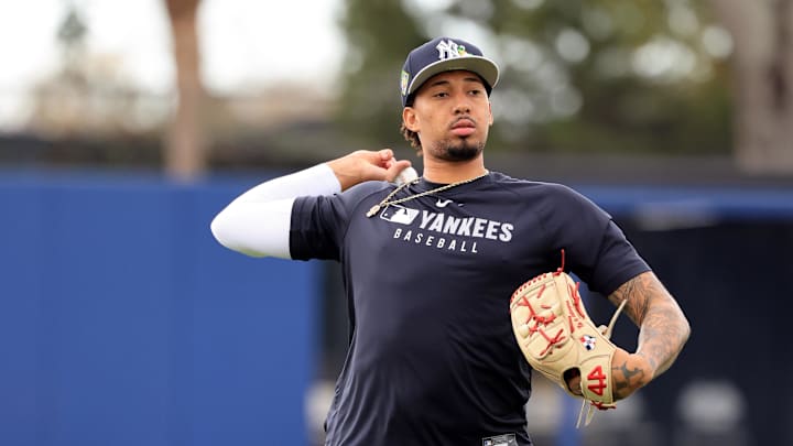 Feb 12, 2026; Tampa, FL, USA;  New York Yankees pitcher Yovanny Cruz (96) works out during spring training workouts at George M. Steinbrenner Field. Mandatory Credit: Kim Klement Neitzel-Imagn Images