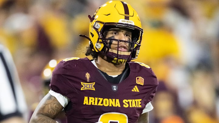 Nov 28, 2025; Tempe, Arizona, USA; Arizona State Sun Devils wide receiver Jordyn Tyson (0) against the Arizona Wildcats in the first half during the 99th Territorial Cup at Mountain America Stadium. Mandatory Credit: Mark J. Rebilas-Imagn Images
