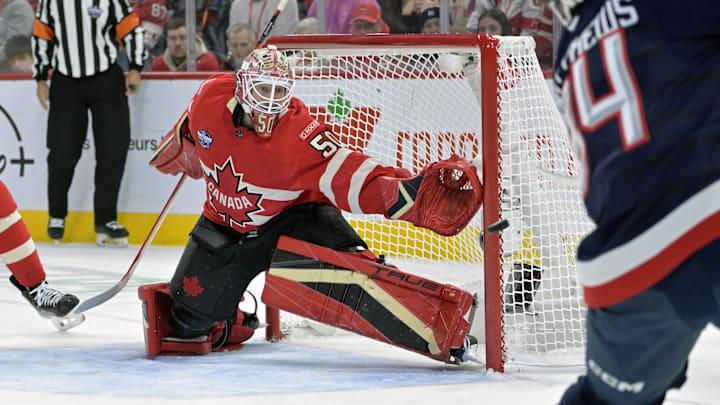 Feb 15, 2025; Montreal, Quebec, CAN; [Imagn Images direct customers only] Team Canada goalie Jordan Binnington (50) stops Team United States forward Auston Matthews (34) in the first period during a 4 Nations Face-Off ice hockey game at the Bell Centre. Mandatory Credit: Eric Bolte-Imagn Images