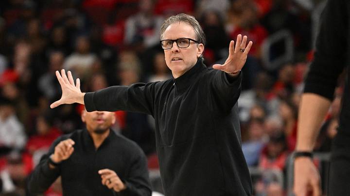 Oct 24, 2026; Chicago, Illinois, USA;  Washington Wizards head coach Brian Keefe reacts against the Chicago Bulls during the first half at United Center.  Mandatory Credit: Patrick Gorski-Imagn Images
