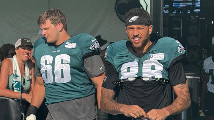 Drew Kendall (left) and Elijah Cooks take the field in full pads for Day 5 of Eagles training camp. Drew Kendall (left) and Elijah Cooks take the field in full pads for Day 5 of Eagles training camp.