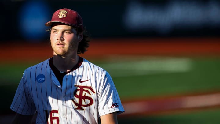 Florida State pitcher Jamie Arnold (16) returns to the dugout after striking out Oregon State in game 2 of the NCAA Super Regional at Goss Stadium on Saturday, June 7, 2025 in Corvallis. Florida State pitcher Jamie Arnold (16) returns to the dugout after striking out Oregon State in game 2 of the NCAA Super Regional at Goss Stadium on Saturday, June 7, 2025 in Corvallis.