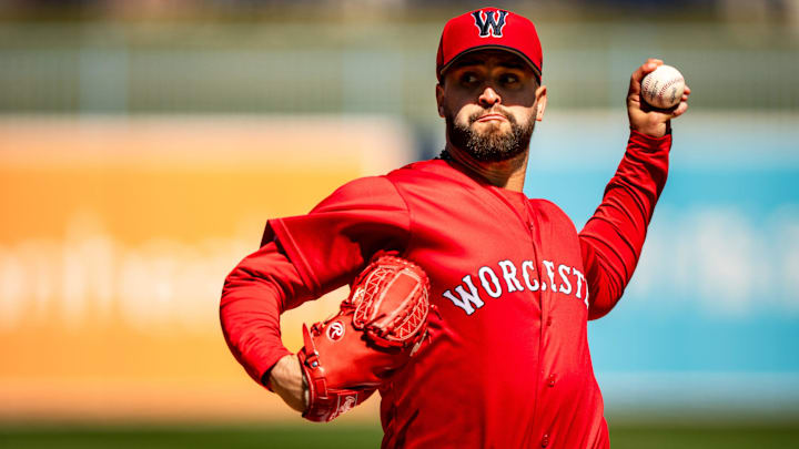 Left-handed pitcher Patrick Sandoval makes his first rehab start with Triple-A Worcester on April 8, 2026, after undergoing surgery on his left elbow in 2024.