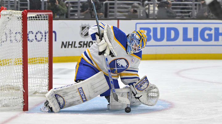 Jan 24, 2024; Los Angeles, California, USA; Buffalo Sabres goaltender Devon Levi (27) makes a save