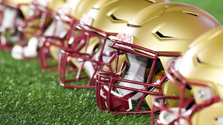 Nov 5, 2021; Chestnut Hill, Massachusetts, USA; A detailed view of the helmets of the Boston College Eagles before a game against the Virginia Tech Hokies at Alumni Stadium. Mandatory Credit: Brian Fluharty-Imagn Images