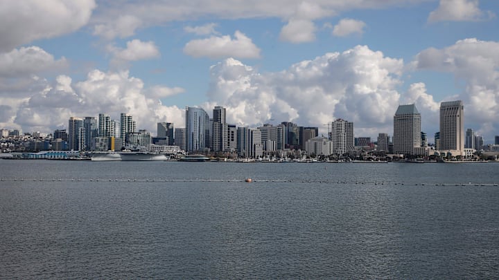The San Diego skyline looms over the Pacific Ocean in this view from 2019.