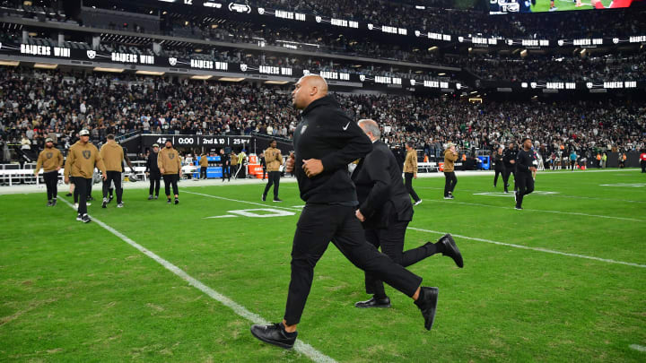 Nov 12, 2023; Paradise, Nevada, USA; Las Vegas Raiders interim head coach Antonio Pierce following the victory against the New York Jets  at Allegiant Stadium. Mandatory Credit: Gary A. Vasquez-USA TODAY Sports