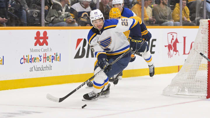 Mar 18, 2025; Nashville, Tennessee, USA;  St. Louis Blues center Jordan Kyrou (25) skates behind the net against the Nashville Predators during the first period at Bridgestone Arena. Mandatory Credit: Steve Roberts-Imagn Images