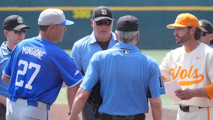 Tennessee baseball coach Tony Vitello shakes hands with Kentucky baseball coach Nick Mingione before the start of their NCAA college baseball game on April 20, 2025, in Knoxville, Tenn.