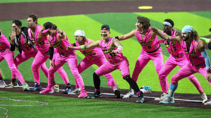 The Party Animals dance during the Banana Ball championship game on Saturday, October 11, 2025 at Historic Grayson Stadium. The Party Animals dance during the Banana Ball championship game on Saturday, October 11, 2025 at Historic Grayson Stadium.