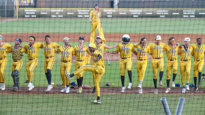 The Savannah Bananas complete a kick line on Sept. 28 during the final home series of the season at Historic Grayson Stadium.