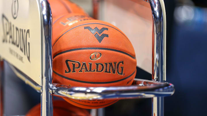 Nov 15, 2022; Morgantown, West Virginia, USA; The West Virginia Mountaineers logo is seen before the game against the Morehead State Eagles at WVU Coliseum. Mandatory Credit: Ben Queen-Imagn Images