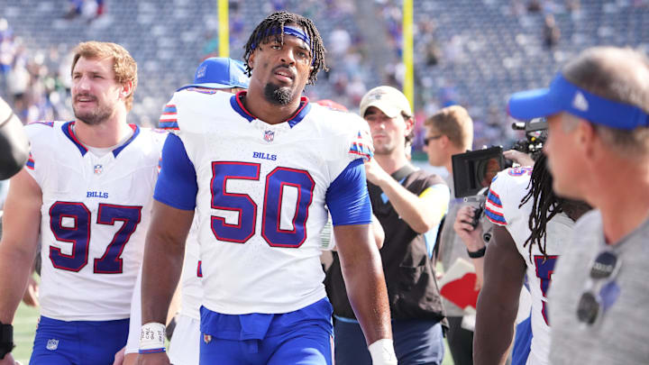 Buffalo Bills defensive end Greg Rousseau (50) after the game against the New York Jets at MetLife Stadium. Buffalo Bills defensive end Greg Rousseau (50) after the game against the New York Jets at MetLife Stadium.